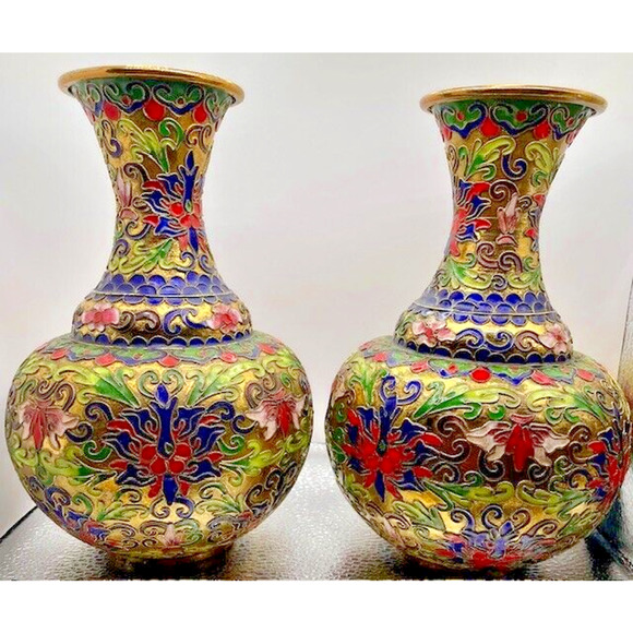 Vintage Cloisonne Floral Vases (Set of 2 Vases) 7.5" x 4.5" - Picture 5 of 11